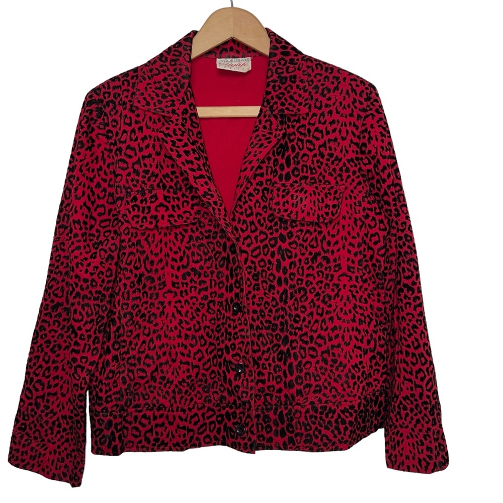 VTG 80s City Life Petites Red Leopard Velvet Button Down Blazer Petite Medium